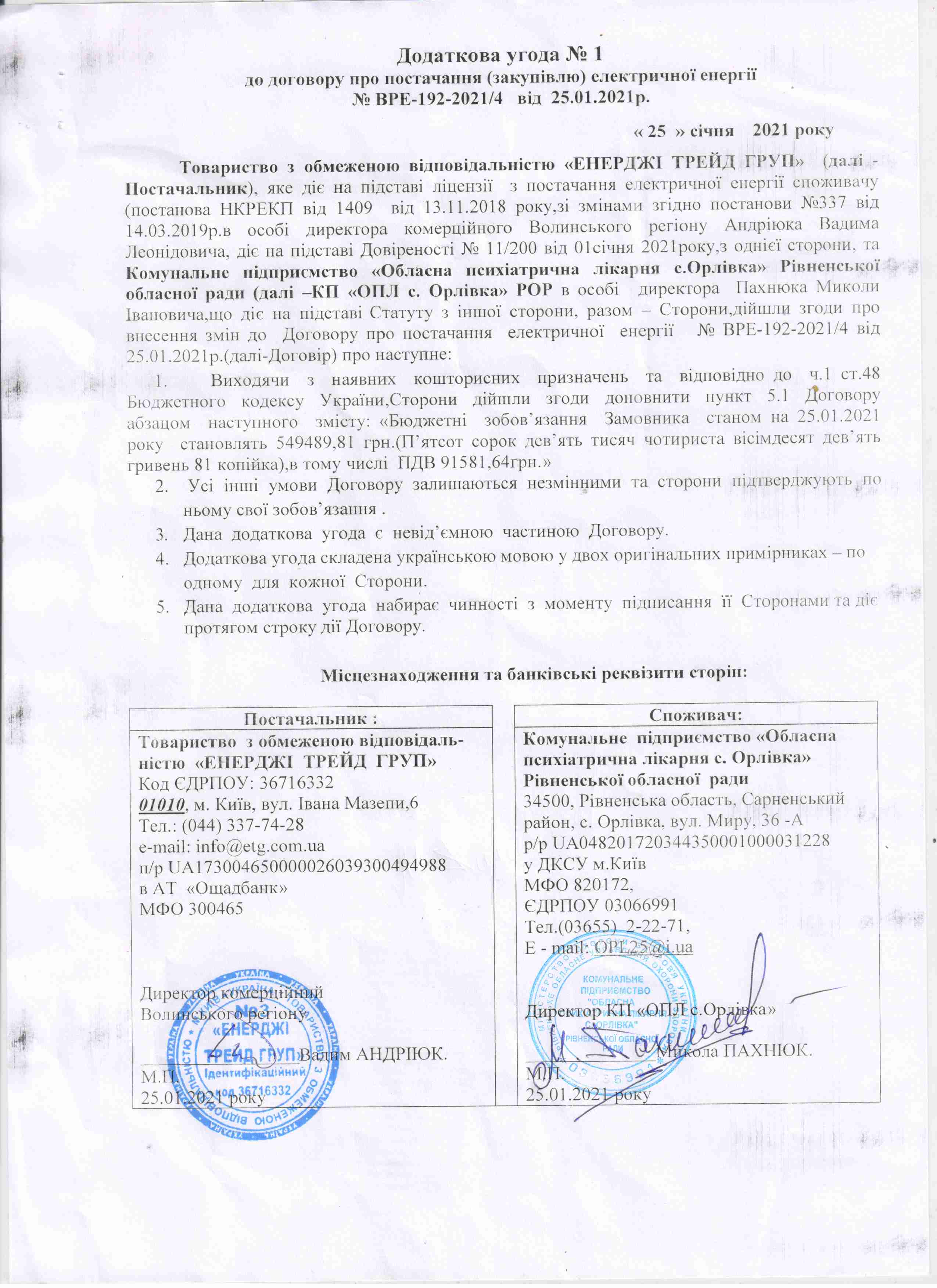Додаткова угода до договору №ВРЕ-192-2021/4 від 25.01.2021 р.